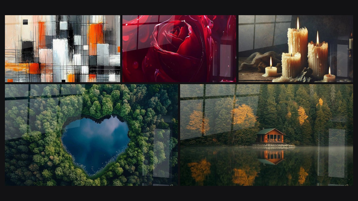 Mosaik aus fünf Gemälden, darunter Farbmechanik, Rosen-Wandbild Nr. 9 und Tafelsee Nr. 1