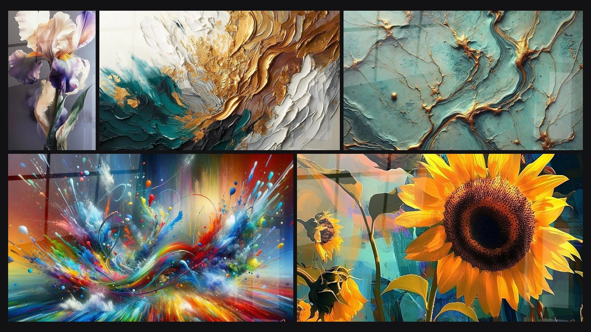 Mosaïque de cinq tableaux, dont Iris N°4, Trace en Or et Jade et Big Bang Artistique Éclatant