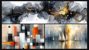 Mosaic of three paintings, including Mechanics of Colors and Dawn Over the Bay