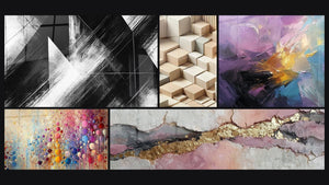 Mosaic of five paintings, including Convergence Points, Minimalism Sculpted and Mosaic Spheres