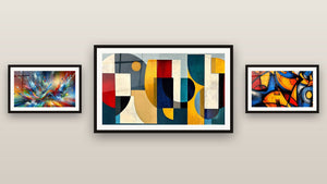 Gallery wall with three framed paintings, including Big Bang Artistic Dazzling and Colored geometric shapes