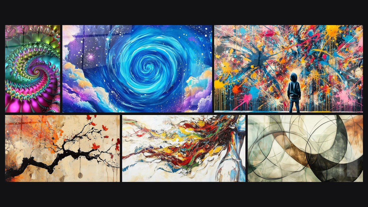 Mosaico de seis cuadros, entre ellos Espiral fractal colorido, Espiral cósmica azul y Terracota N°4