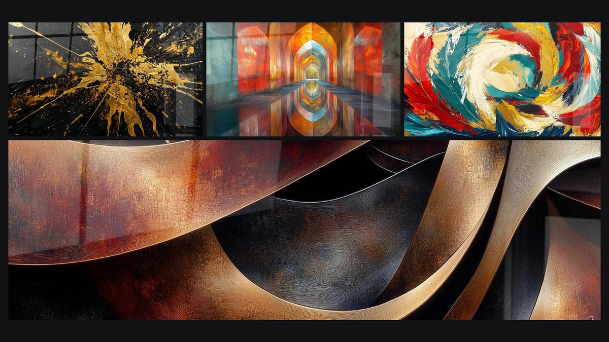 Mozaïek van vier schilderijen, waaronder Sinuosités Meditatie Oker, Glinsterende Gewelven Vermiljoen en Cosmische Metamorfose