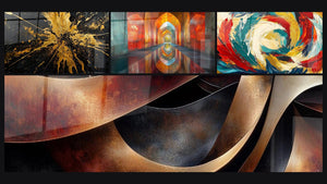 Mosaic of four paintings, including Sinuosities Meditation Ochre, Arched Iridescent Vermillion and Cosmic Metamorphosis