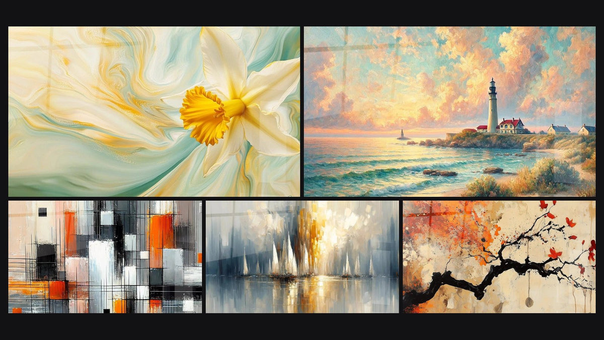 Mosaico de cinco cuadros, entre ellos Narciso N°3, Amanecer en el Faro y Mecánica de Colores