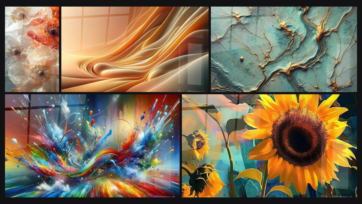 Mosaik aus fünf Gemälden, darunter Wellenformen, Big Bang Kunstleinwand Brillant und Sonnenblumen-Bild Nr. 1