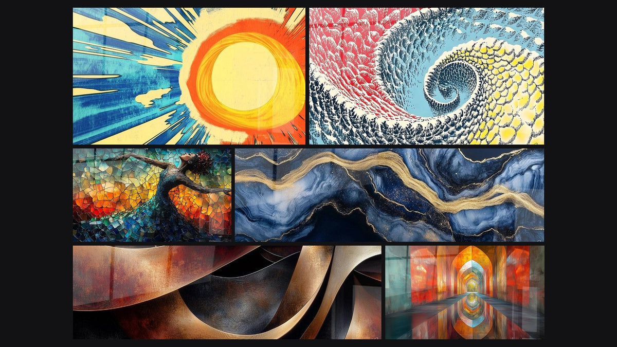 Mosaic of six paintings, including Radiant sun, Colorful Spiral and Dance Fire Liberation Red