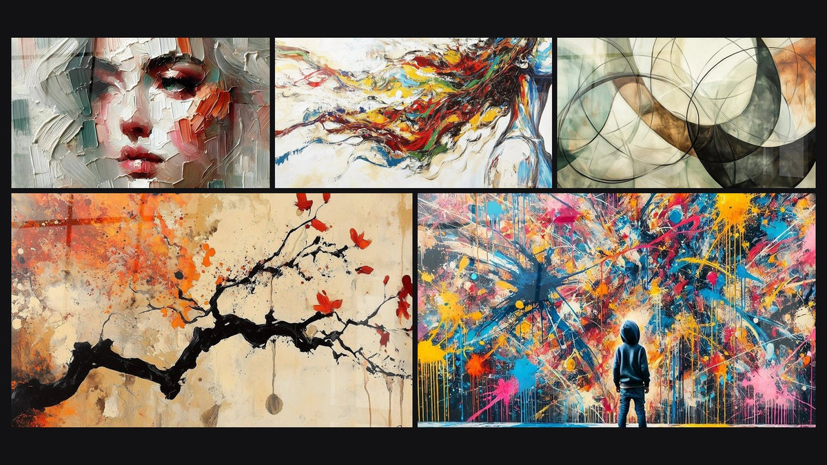 Mosaic of five paintings, including Close to the Skin, Terracotta Wall Art No.4 and Modern Muse