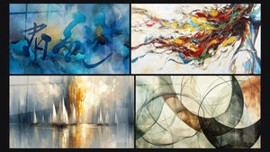 Mozaïek van vier schilderijen, waaronder Blauw-gouden abstract, 'Dageraad in de Baai' en Moderne Muurschildering