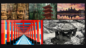 Mosaico de cinco cuadros, entre ellos Linterna de Piedra en Blanco y Negro