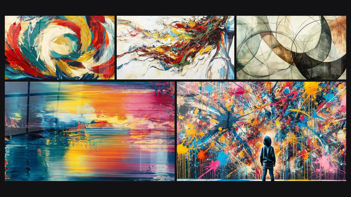 Mosaïque de cinq tableaux, dont Métamorphose Cosmique, Abstrait coloré et Muse Moderne