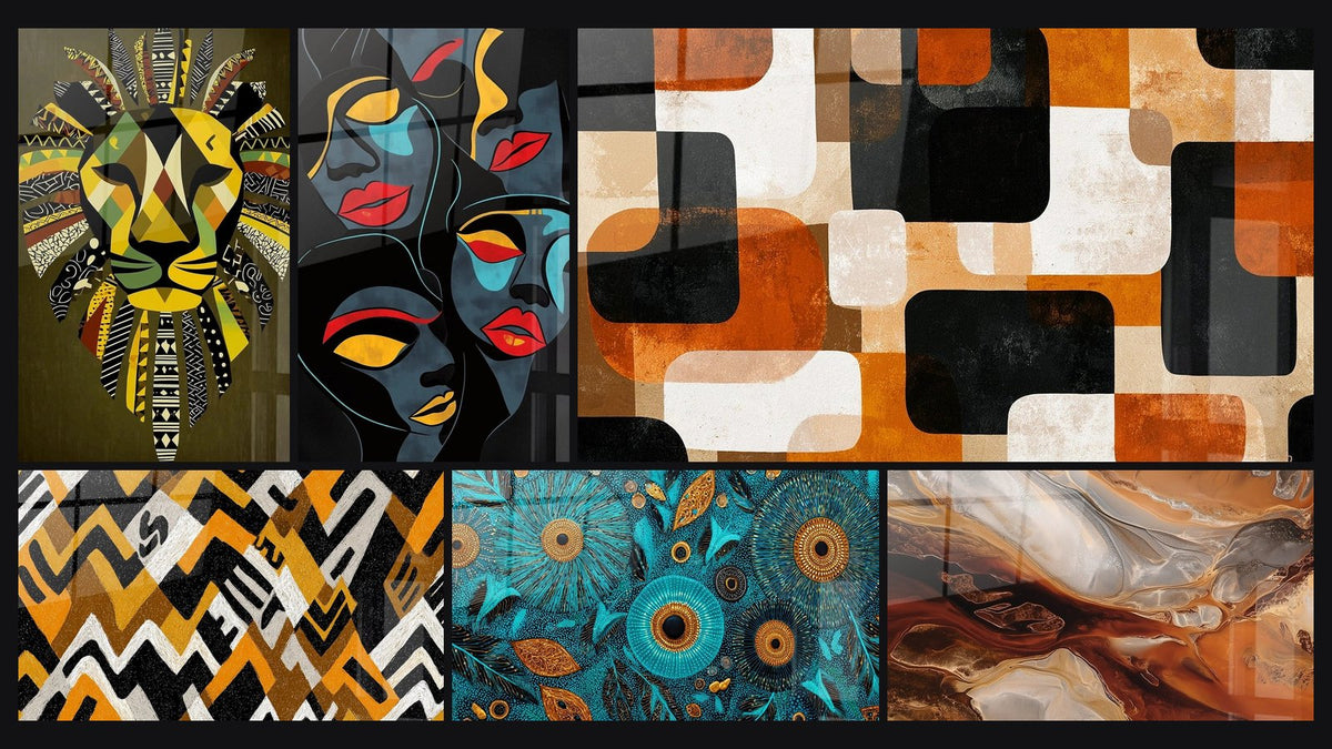 Mosaico de seis cuadros, entre ellos León Animal Guía, Rostros fusión de almas y Formas Geométricas