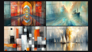 Mosaïque de quatre tableaux, dont Voûtes Chatoyantes Vermillon, Au Cœur de la Brise et Mécanique des couleurs