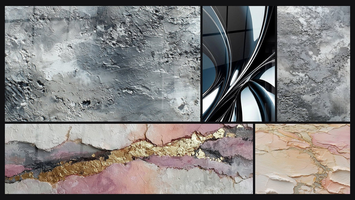 Mosaico de cinco cuadros, entre ellos Abstracto gris plateado texturizado y Espiral metálico cromado