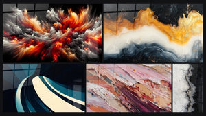 Mosaico de cinco cuadros, entre ellos Tormenta Solar Abisal, Onda espiral moderno y Abstracto en tonos rosas y tierra