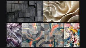 Mosaico de cinco cuadros, entre ellos Lámparas de Cuarzo, Círculos grises y coral entrelazados y Explosión de colores