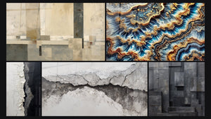 Mosaico de cinco cuadros, entre ellos Composición geométrica beige y gris, Marea Dorada y Textura Agrietada Blanco y Negro