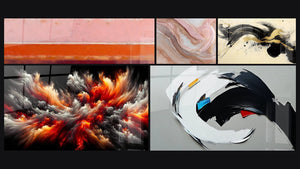 Mosaico de cinco cuadros, entre ellos Abstracto horizontal rosa coral y burdeos, Tormenta Solar Abisal y Ciervo Pasión Negro