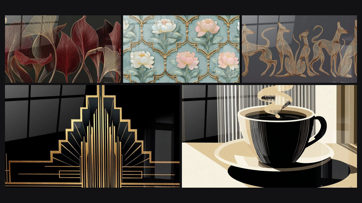 Mosaic of five paintings, including Tropical Foliage, Deco Architecture and Floral Motifs Wall Art Art Deco