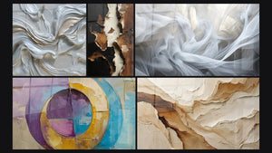 Mozaïek van vijf schilderijen, waaronder Gekleurde concentrische cirkels, Zeilen van Licht en Abstract Beige en Aardekleur