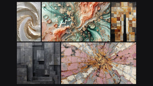 Mosaico de cinco cuadros, entre ellos Sueño Coralino y Explosión Rosa y Oro con Centro Radiante