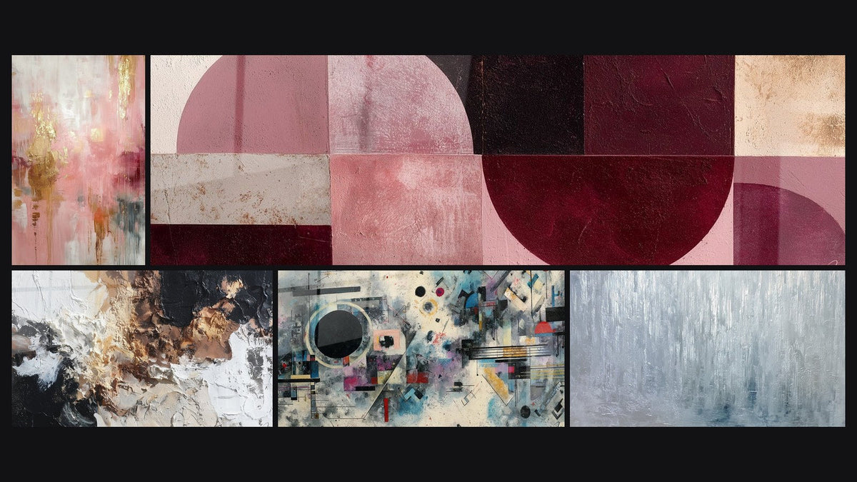 Mosaic of five paintings, including Abstract Geometric Composition