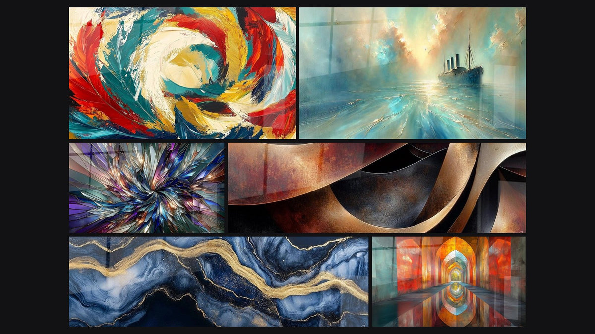 Mosaic of six paintings, including Cosmic Metamorphosis, Radiance Fractal and Liquid Marble Eternity Blue