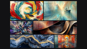 Mosaico de seis cuadros, entre ellos Metamorfosis Cósmica, Mármol Líquido Eternidad Azul y Sinuosidades Meditación Ocre