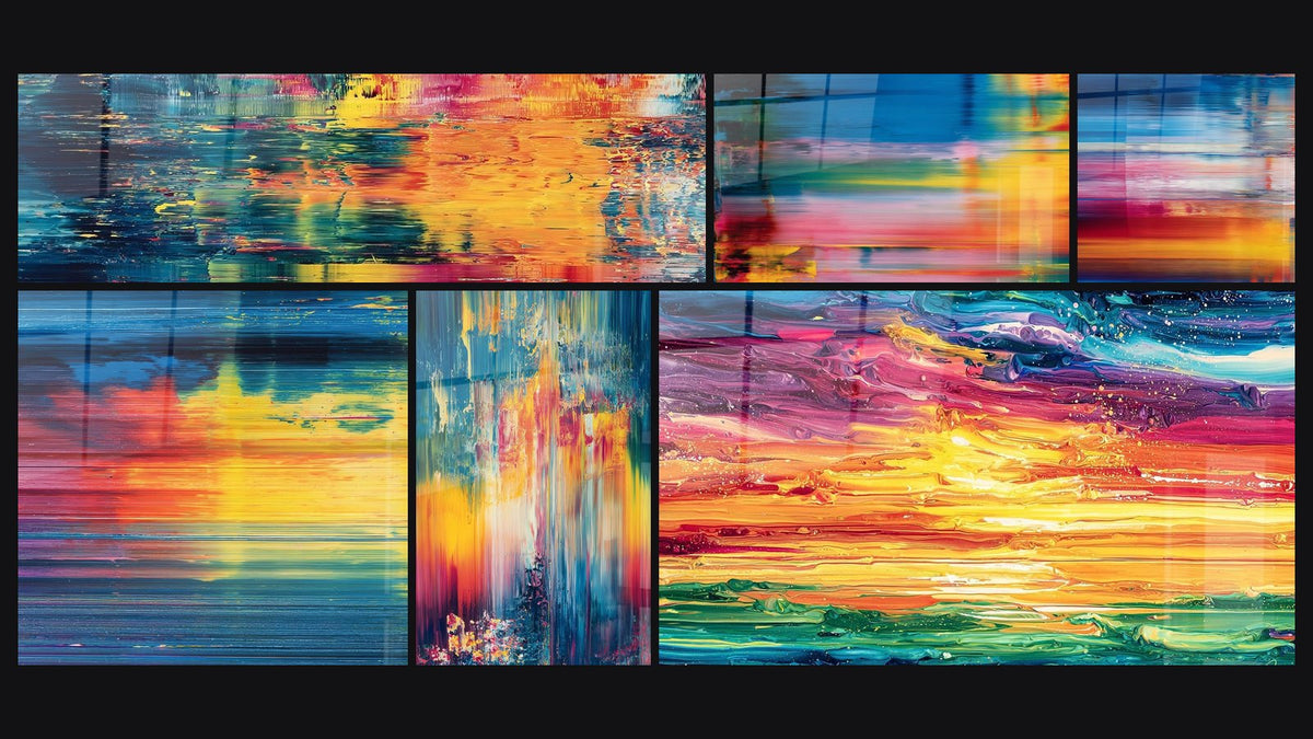 Mosaico de seis cuadros, entre ellos Abstracto reflejos coloridos, Abstracto colorido y Cascadas coloridas abstractas