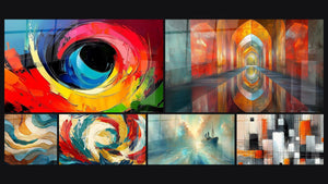 Mozaïek van zes schilderijen, waaronder Abstract gekleurd oog en Gouden en turquoise vloeibare golven