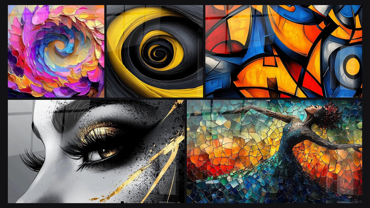 Mosaïque de cinq tableaux, dont Spirale colorée, Spirale dorée et noire et Formes géométriques colorées