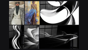 Mosaico de seis cuadros, entre ellos Elegancia Francesa, Gracia Femenina y Torsión Suave -Edición Blanco y Negro