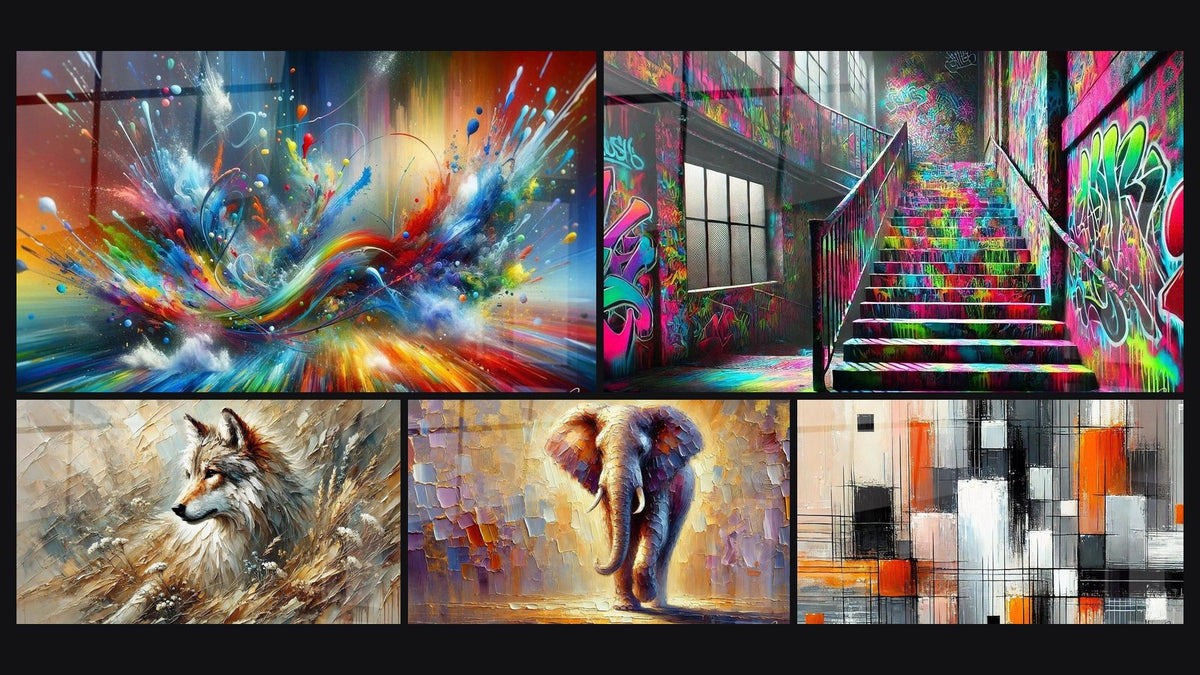 Mosaico de cinco cuadros, entre ellos Abstracto Big Bang Explosivo, Arte callejero N°5 y Eco del Bosque