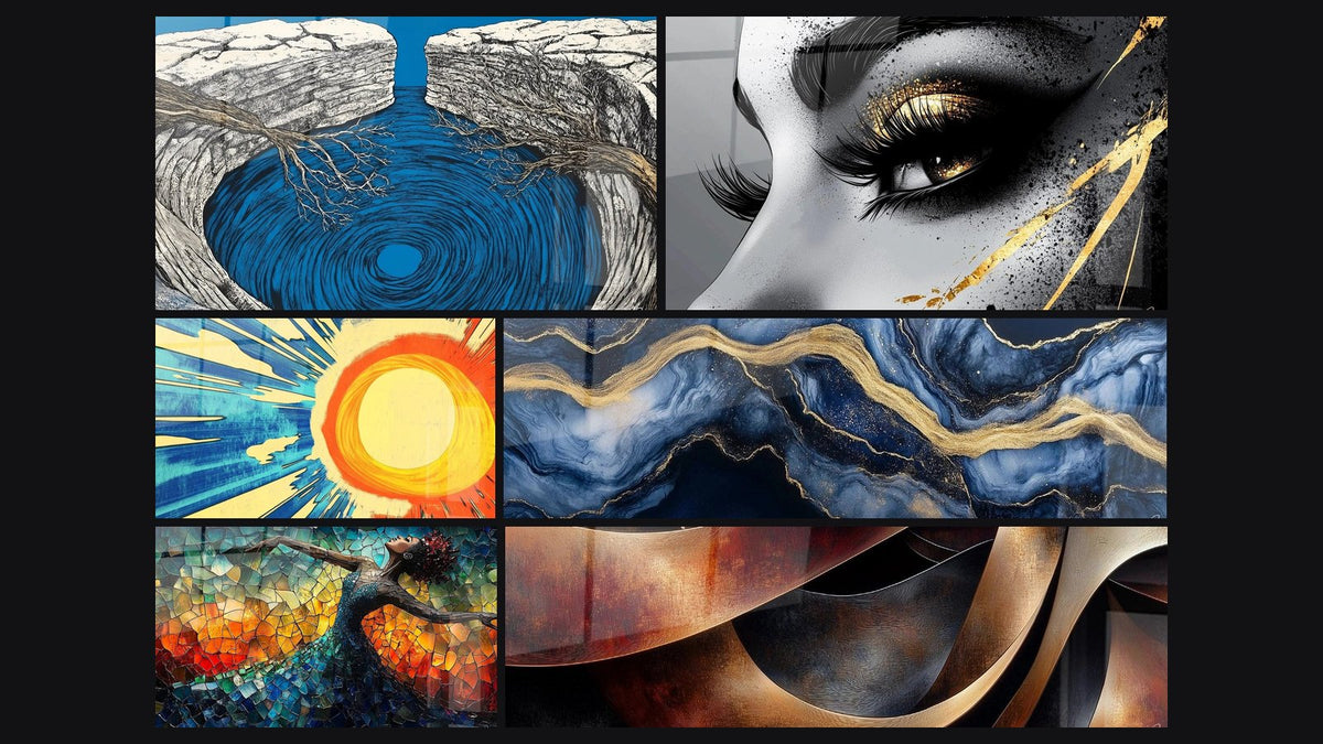Mosaico di sei quadri, tra cui Foro d'acqua roccioso, Sole radiante e Occhio lacrima d'oro