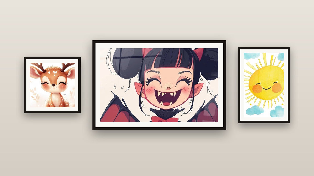 Mur de galerie avec trois tableaux encadrés : Vampire N°1, Enfants N°21 et Enfants N°22
