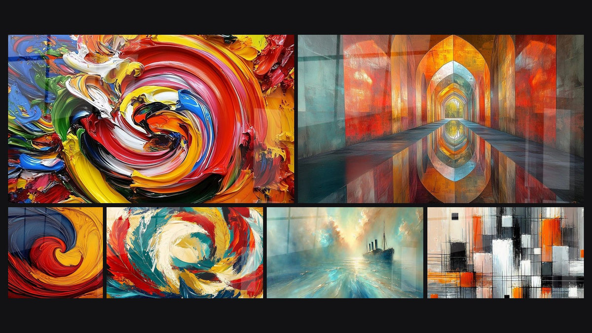 Mosaik aus sechs Gemälden, darunter Spiralbild mehrfarbiger Wirbel, Gewölbe Schillernde Zinnober und Kosmische Metamorphose