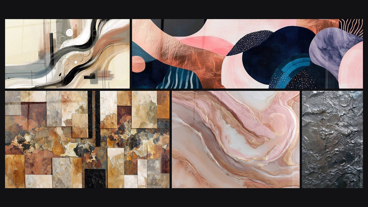 Mosaico de cinco cuadros, entre ellos Sillage Abstracto y Simbiosis Ondulante Coral