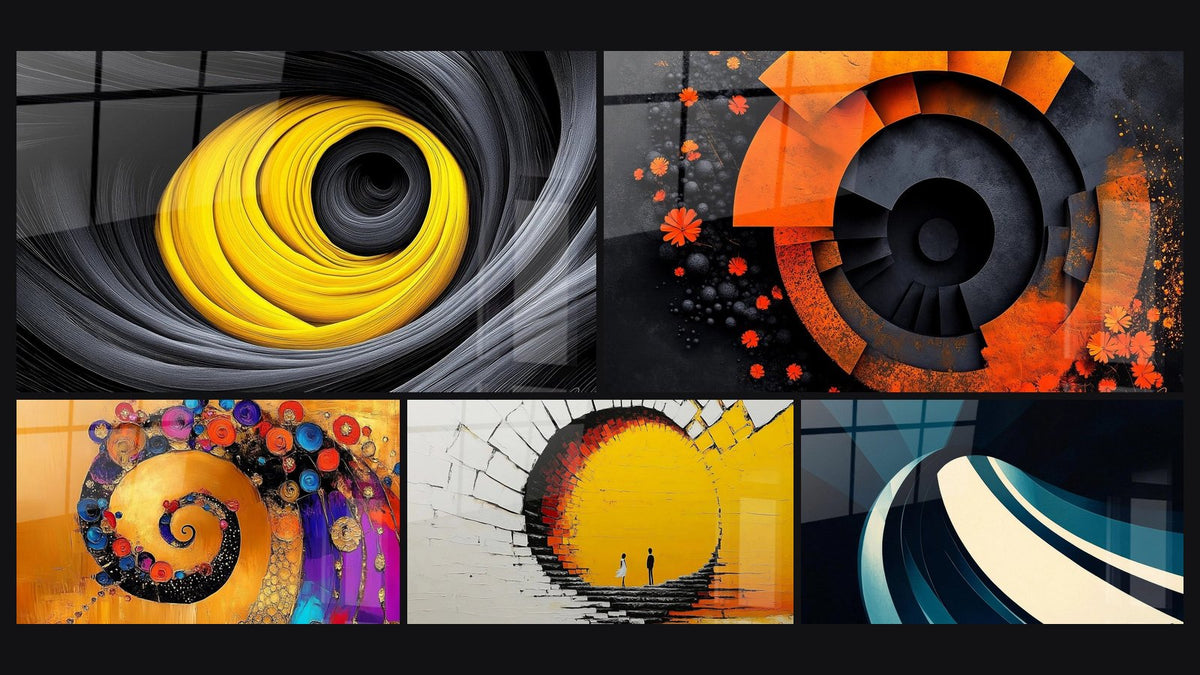 Mosaïque de cinq tableaux, dont Spirale dorée hypnotique, Spirale dorée colorée et Tunnel lumineux couple