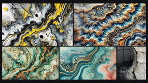 Mosaico de cinco cuadros, entre ellos Impacto Negro, Mármol Misterioso y Marea de Acuarela