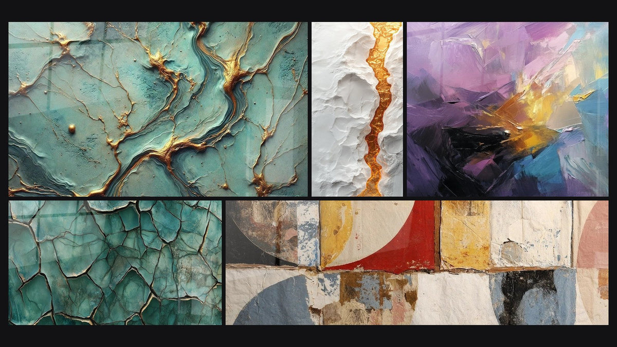 Mosaico di cinque quadri, tra cui Fiumi d'Oro, Terra Fratturata e Forme geometriche astratte di