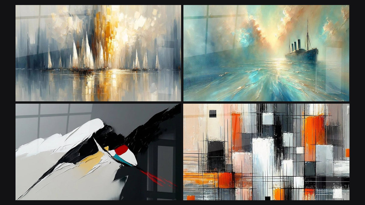 Mosaic of four paintings, including Dawn Over the Bay, Dynamic Abstract Composition and Heart of the Breeze