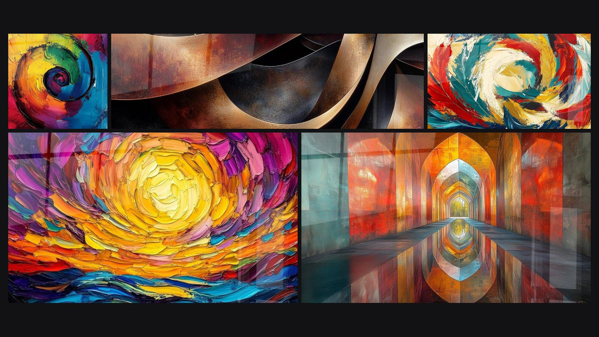 Mosaic of five paintings, including Multicolor Spiral, Sunset Spiral and Sinuosities Meditation Ochre