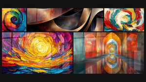 Mosaïque de cinq tableaux, dont Spirale multicolore, Soleil couchant spirale et Sinuosités Méditation Ocre