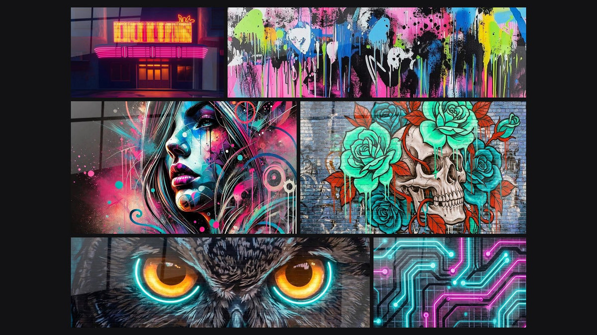 Mozaïek van zes schilderijen, waaronder Retro bioscooptafel, Straatkunstwerk Nr. 1 en Graffiti vloeibaar