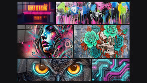 Mosaic of six paintings, including Retro Cinema, Street Art Wall Art No. 1 and Liquid Graffiti