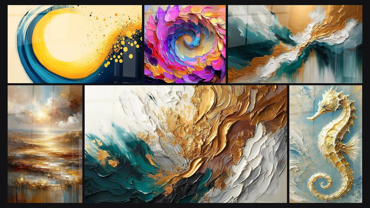 Mosaic of six paintings, including Golden and blue spiral, Colorful spiral and Abyss Light Abstract