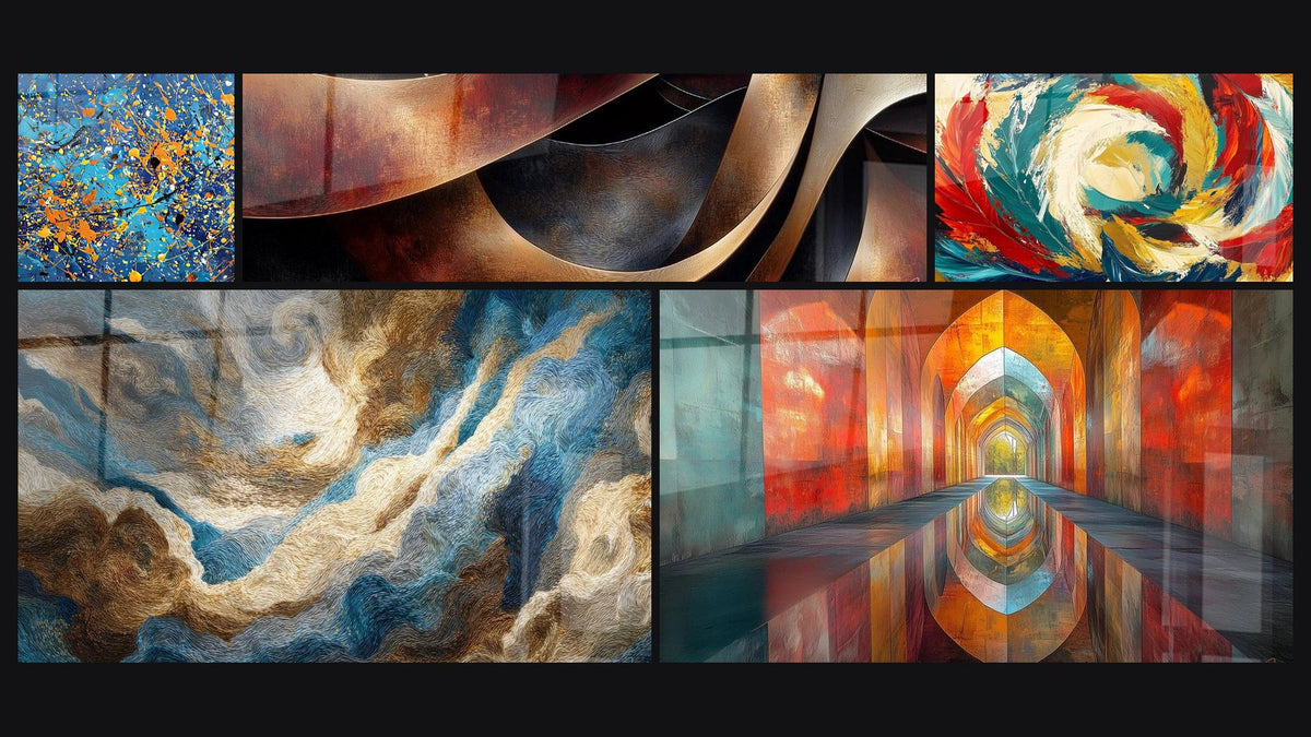 Mosaic of five paintings, including Colorful explosion, Marine storm and Sinuosities Meditation Ochre