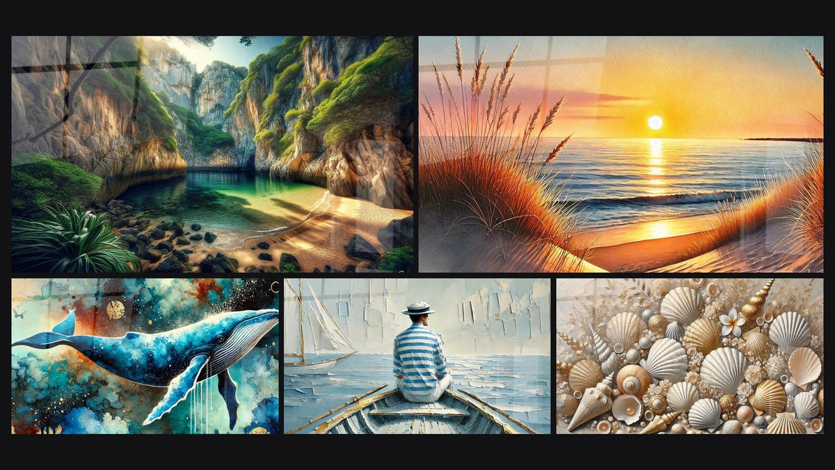 Mosaico di cinque quadri, tra cui Oasi Nascosta in Piena Natura, Nube Marina e L'Arte dell'Acqua