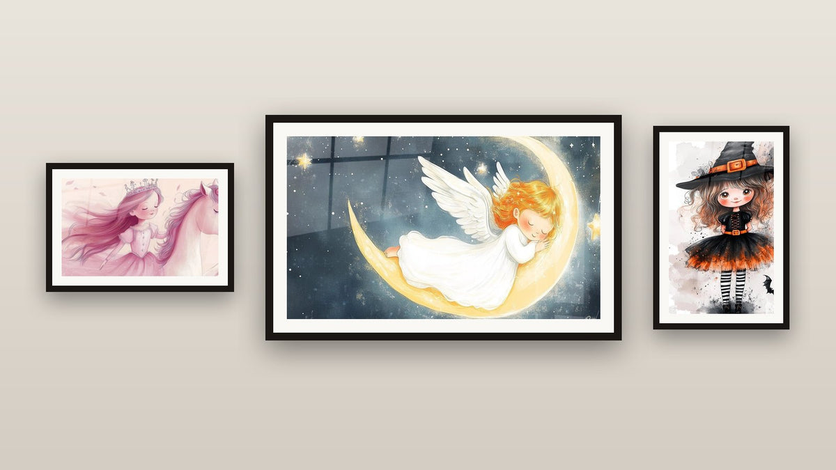 Gallery wall with three framed paintings, including Witch Wall Art No. 1 and Princess Wall Art N°1
