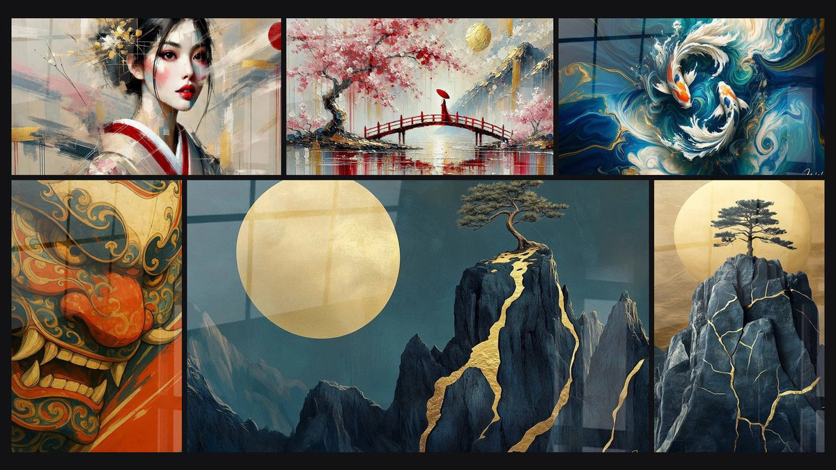 Mosaik aus sechs Gemälden, darunter Porträt einer Muse, Passage unter der Sakura und Koi-Tanz
